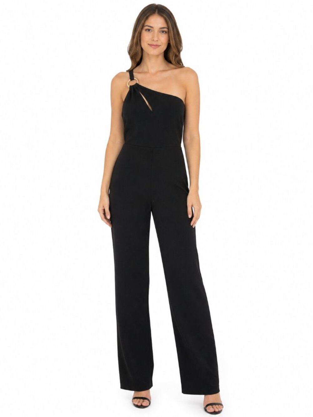 Line & Dot Vaughn One Shoulder Black Jumpsuit Ring Detail Size M
